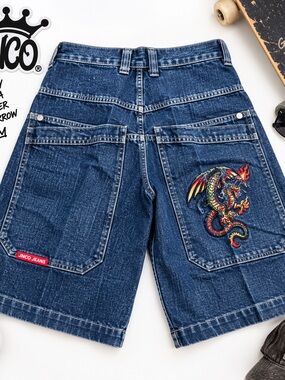 Vintage JNCO Jeans Dragon Embroidered Baggy Denim Jorts Rare Y2K Youth 16 Mens